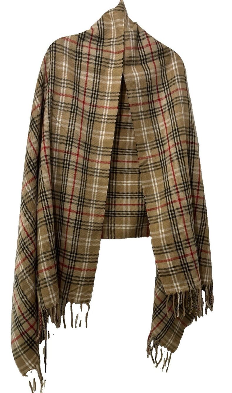 Wool Feel Camel Plaid Fringe Scarf Tan Black Red Tartan Acrylic Unisex 72” X 30”